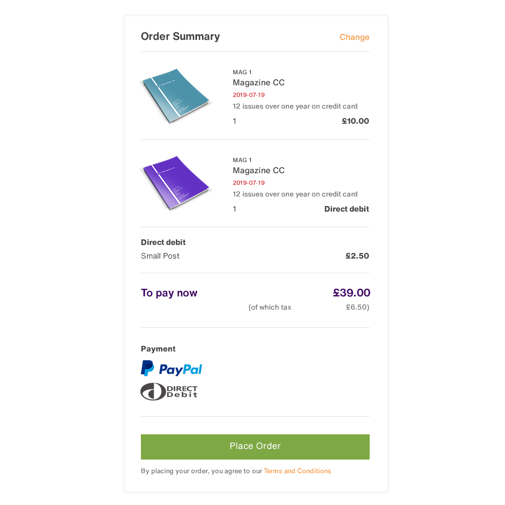 direct Debit and immediate purchase mixed checkout screen